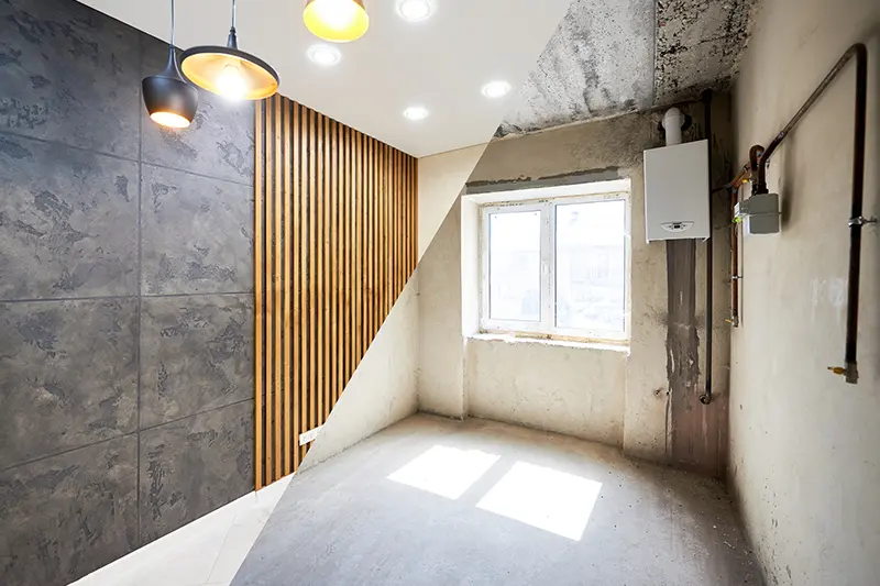 Une photo avant/après d'un home staging pour un investisseur, effectué par daria design, Radia Bessila à Rodange au Luxembourg.