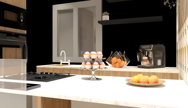 Une projection 3D d'une cuisine totalement repensée, par daria design, designer d'architecture intérieure.